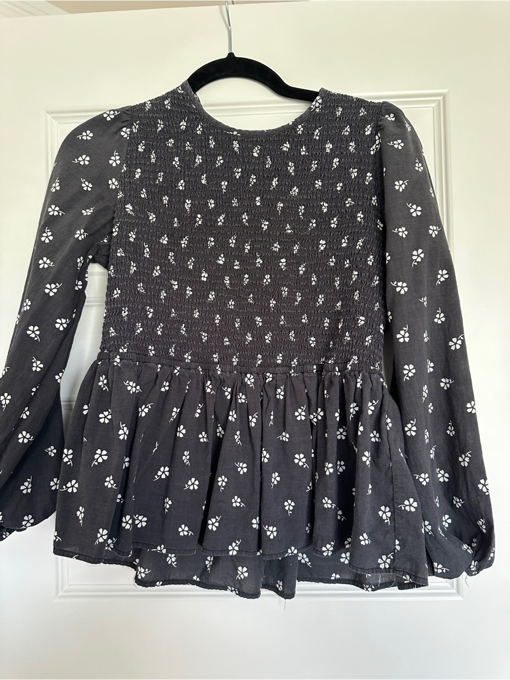 Marine Layer Charcoal Floral Smocked Peplum Long-Sleeve Top